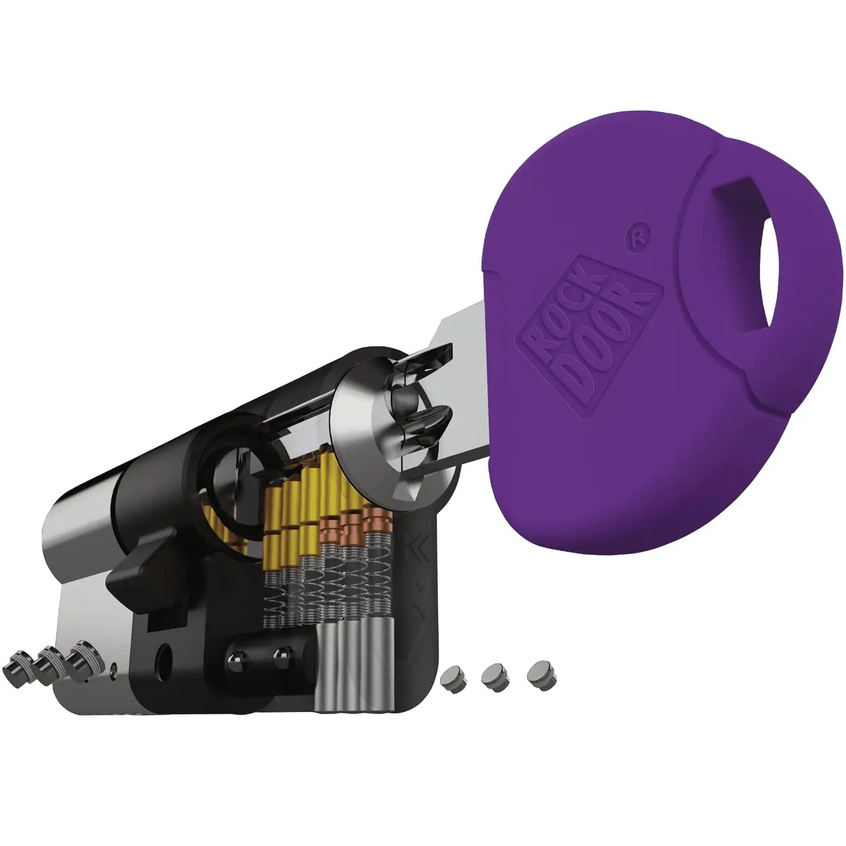 3D Graphic illustration of a Rockdoor ATK 3-star lock with a purple branded rockdoor key