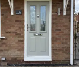 GRP composite door in Agate Grey with decorative glass, fitted in Derby