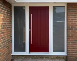 Rockdoor Indiana in Red with two large Satin glass side panels and a 120mm round bar handle fitted in Sandbach, Cheshire