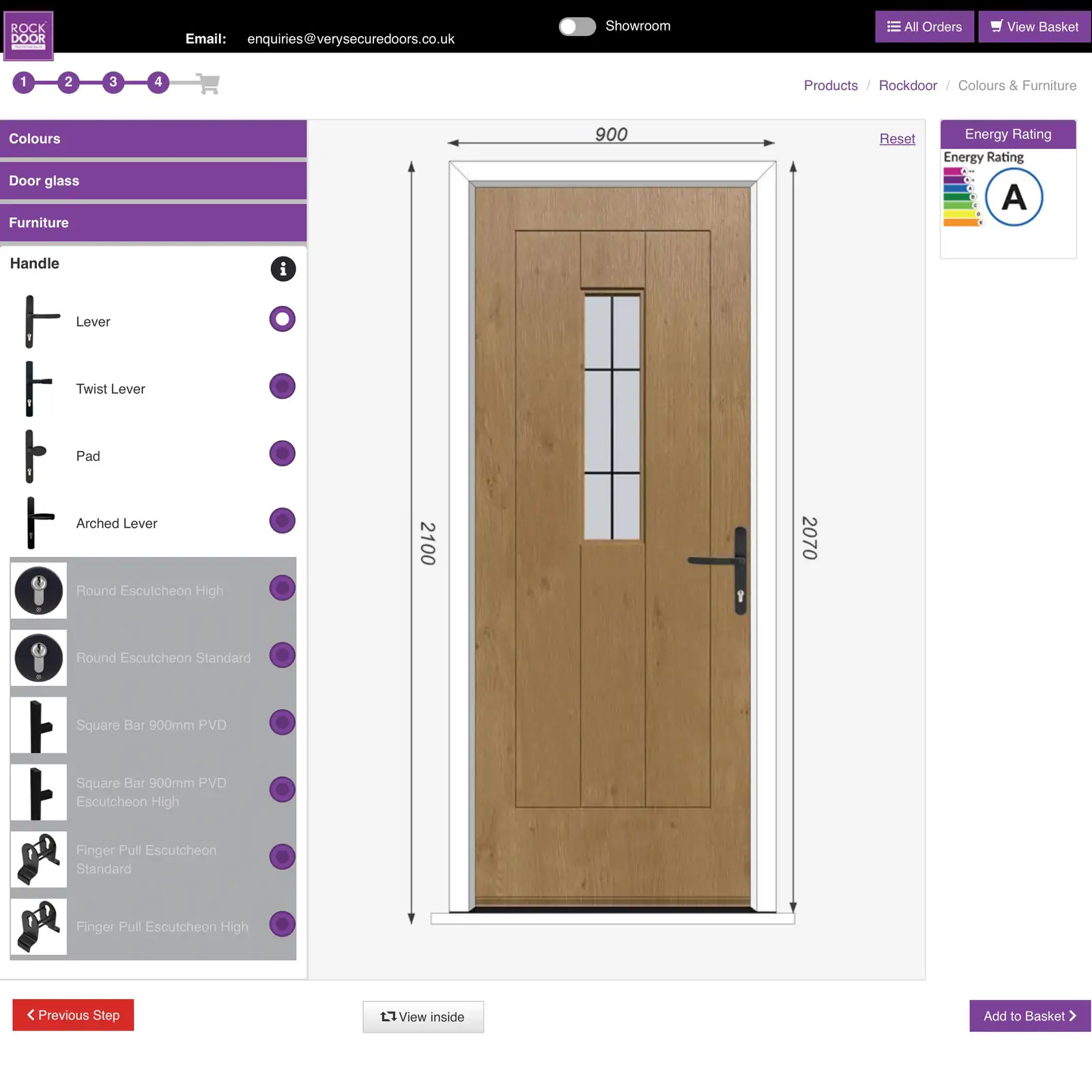 Screenshot of composite door design tool showing customisation options