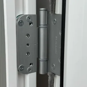 rockdoor 3d silver hinge Close up of a Rockdoor 3D hinge in Satin Silver