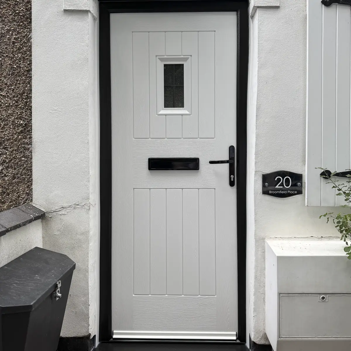 Rockdoor Cottage Spy View in White, Black external frame, handle and letterbox installed in Coventry, Warwickshire