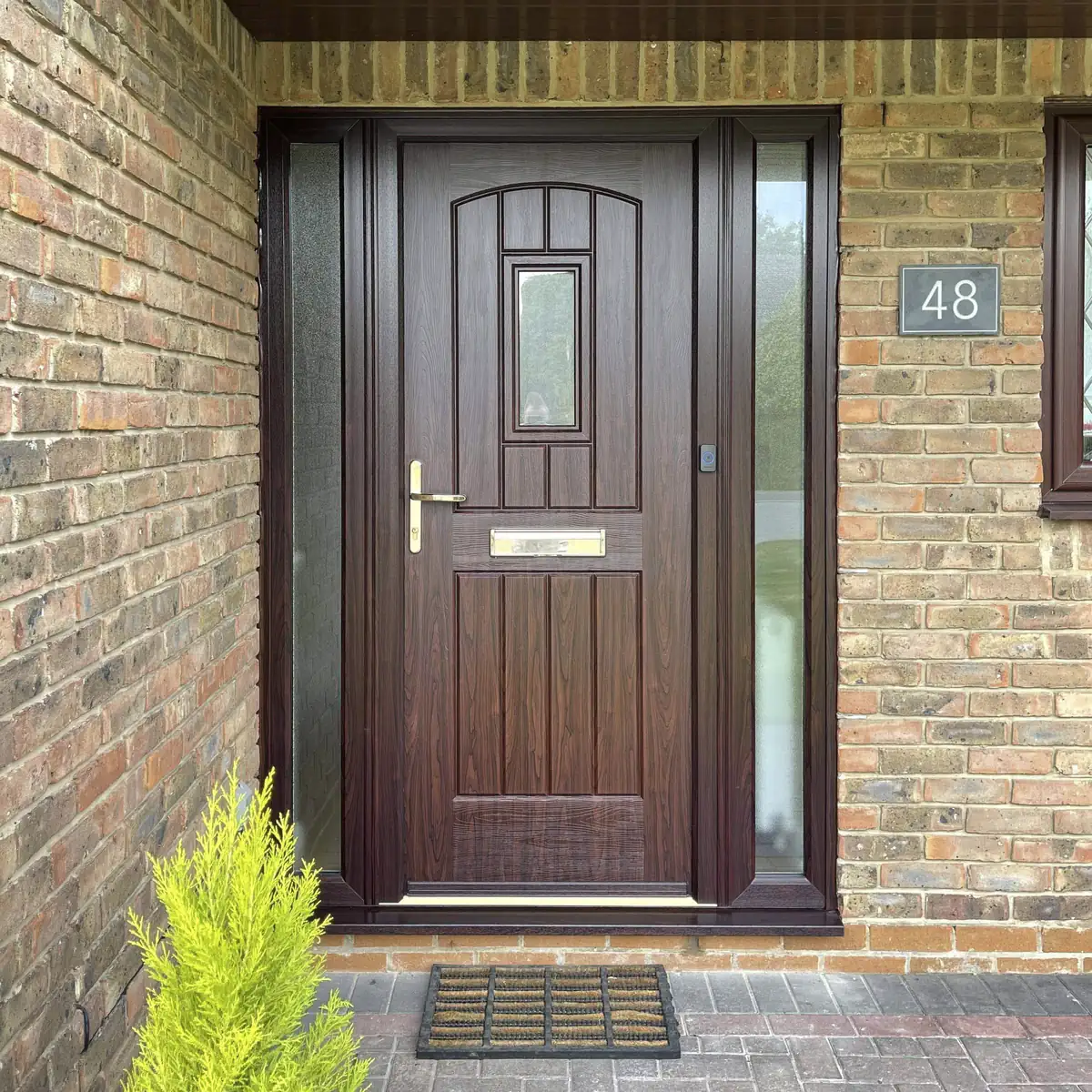 Rockdoor English Cottage in Rosewood with two thin Satin glass sidepanels fitted in Kenilworth, Warwickshire