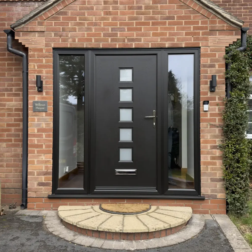 Rockdoor Manhattan in Black with Satin glass and matching frame, two sidepanel with clear glass fitted in Kenilworth, Warwickshire