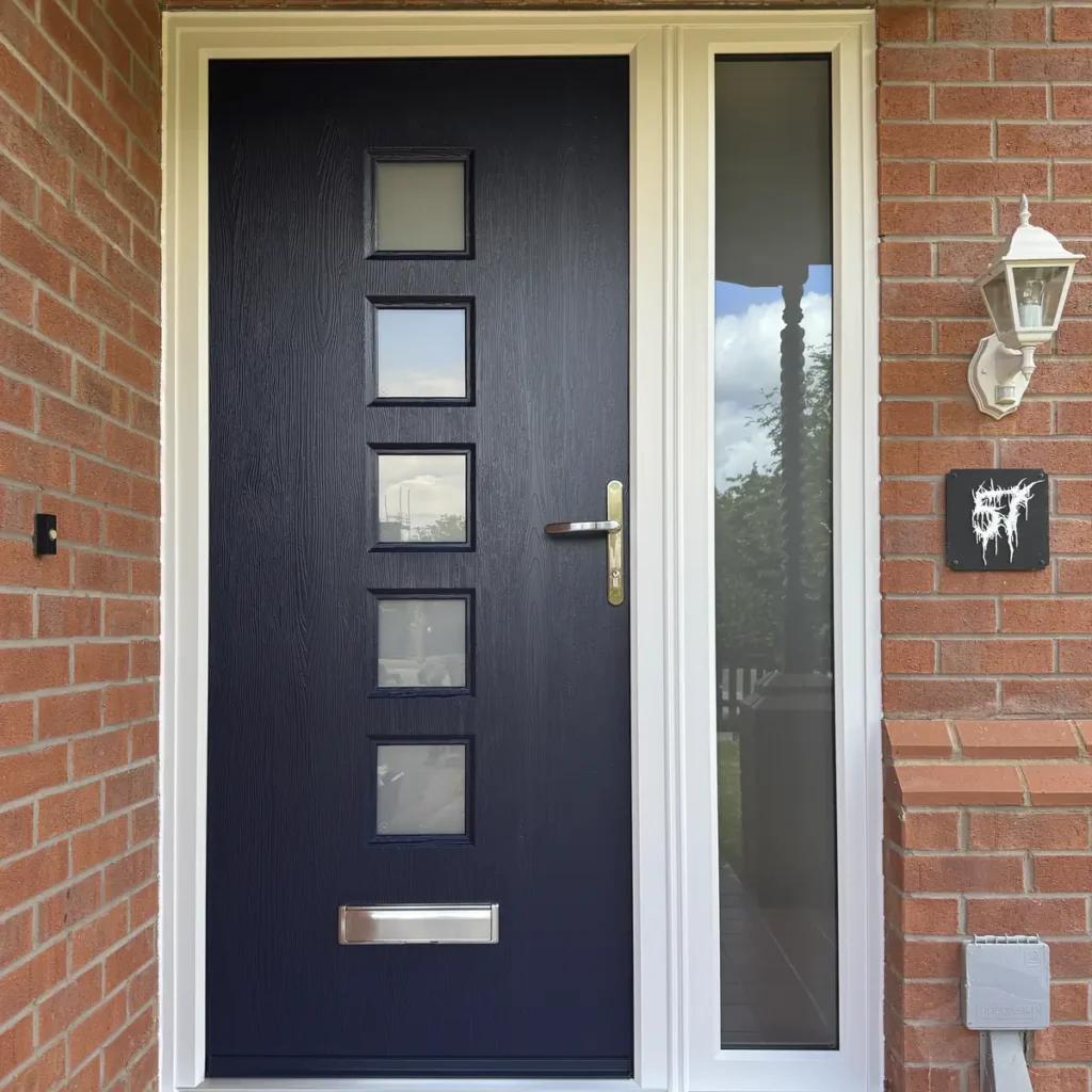Rockdoor Manhattan in Sapphire Blue with sidepanel, Satin glass in the door and sidepanel fitted in Crewe