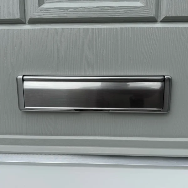 External closer up view of a Rockdoor Letterplate in Satin Chrome