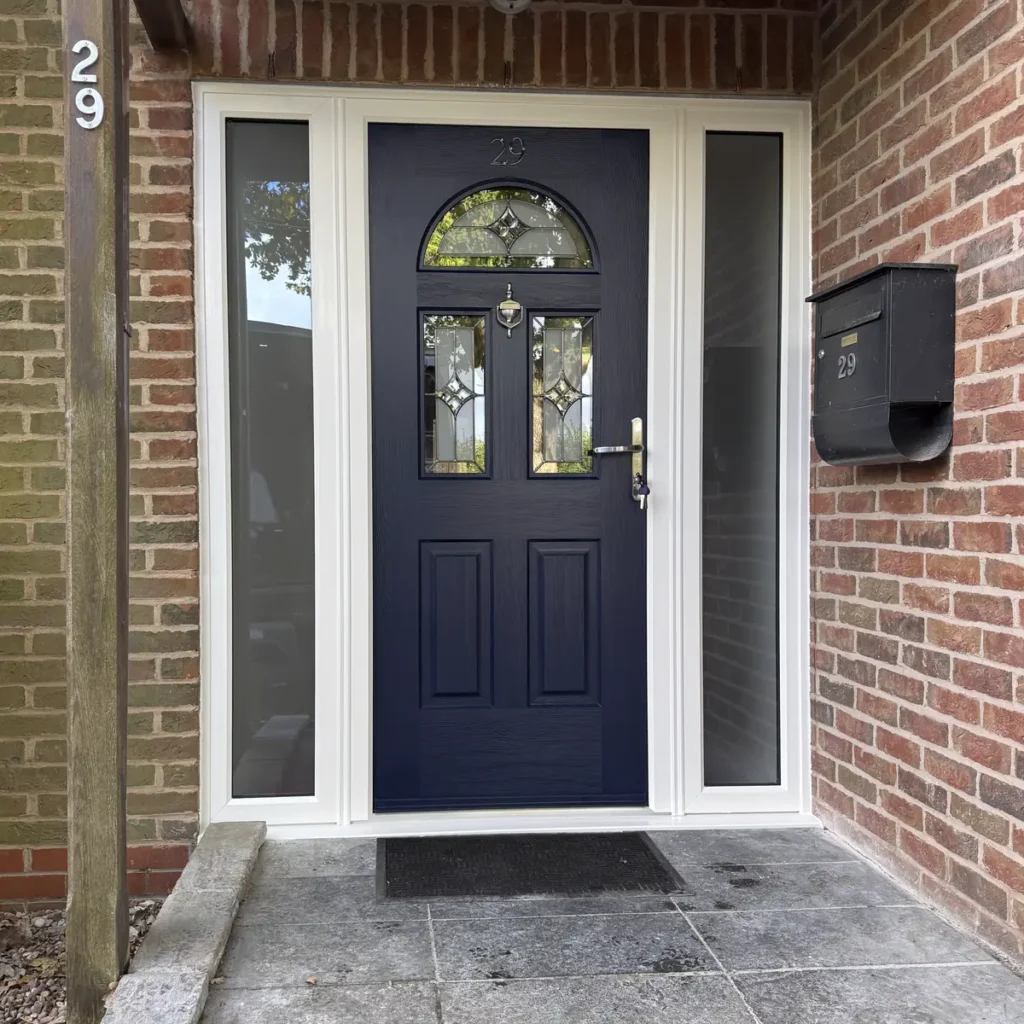 Composite door in Blue with side panels and Satin Glass fitted in Kenilworth, Warwickshire