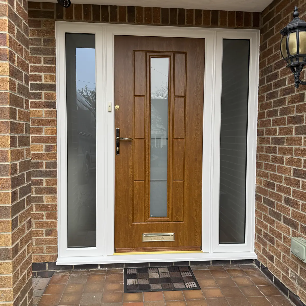Rockdoor Vermont in Light Oak with Continuity glass and two sidepanels with satin glass fitted in Chellaston, Derby