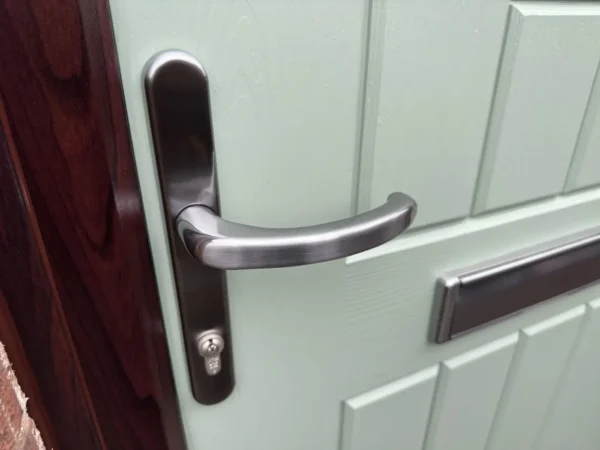 Close up of a Rockdoor Lever Handle in Satin Chrome